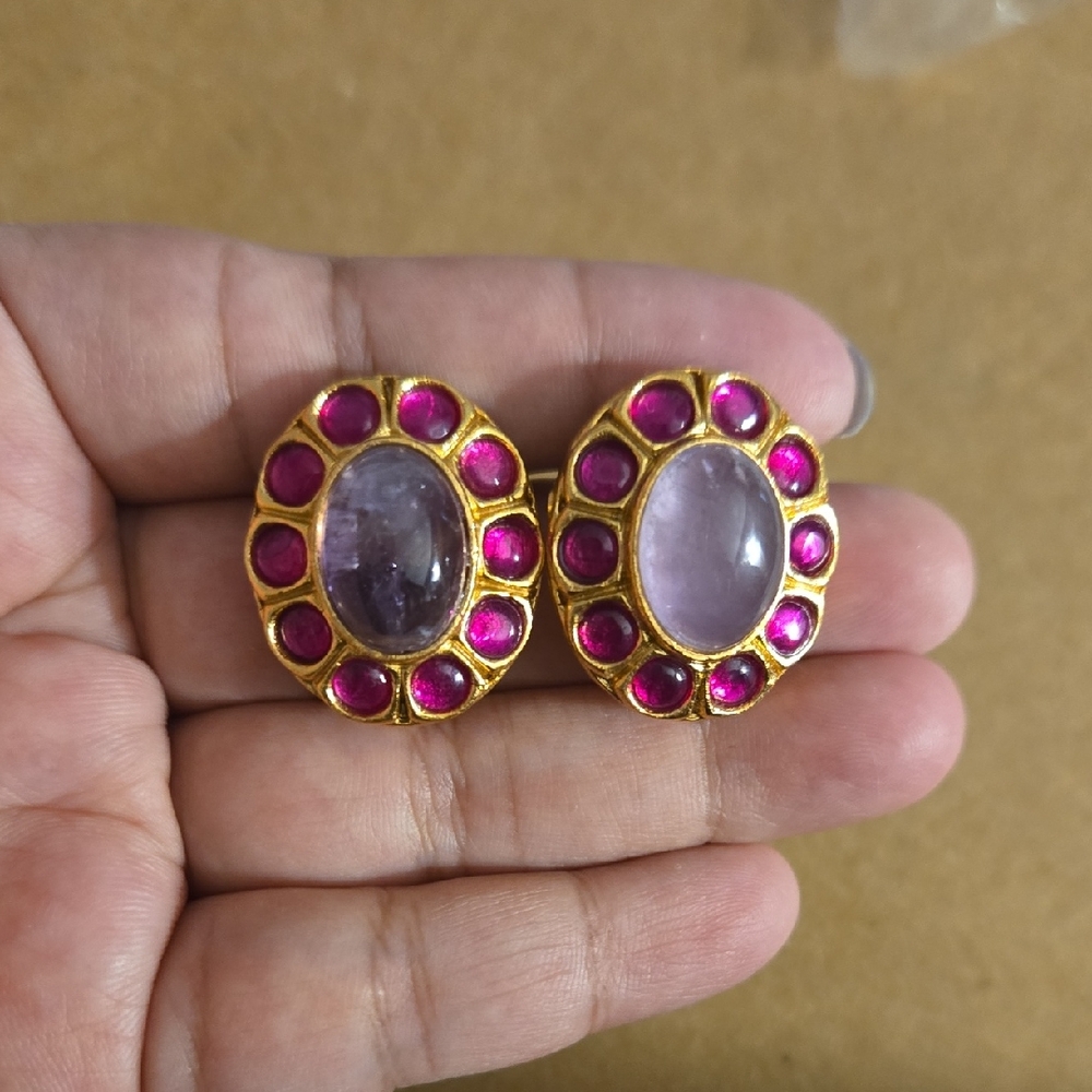 Indian Gold-Tone Pink Gemstone Oval Stud Earrings